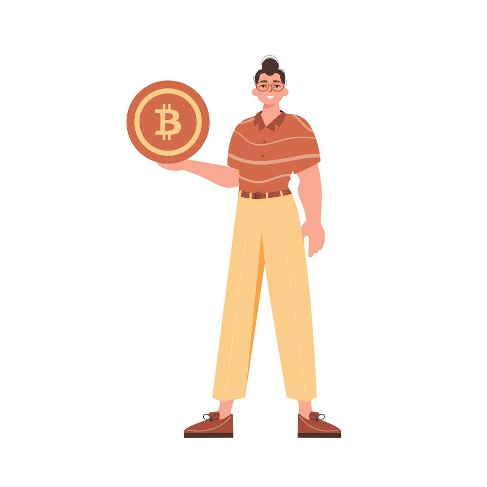 uma homem detém uma bitcoin dentro a Formato do uma moeda dentro dele mãos. personagem dentro na moda estilo. vetor