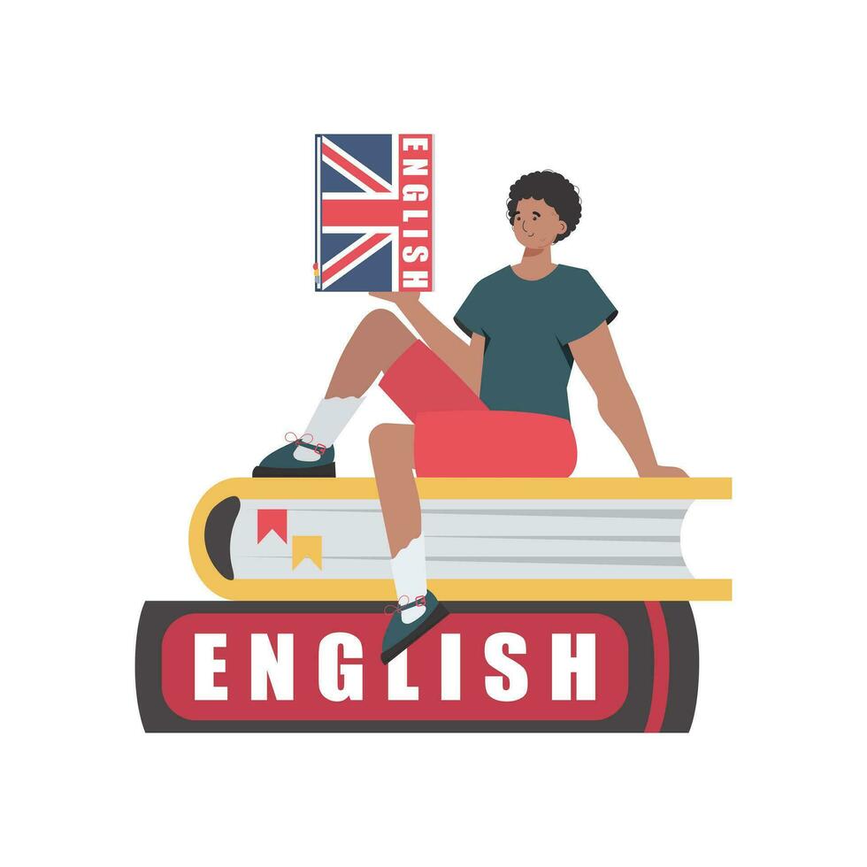 uma homem senta em livros e detém a Inglês dicionário dentro dele mãos. a conceito do Aprendendo inglês. isolado. na moda estilo. vetor ilustração.