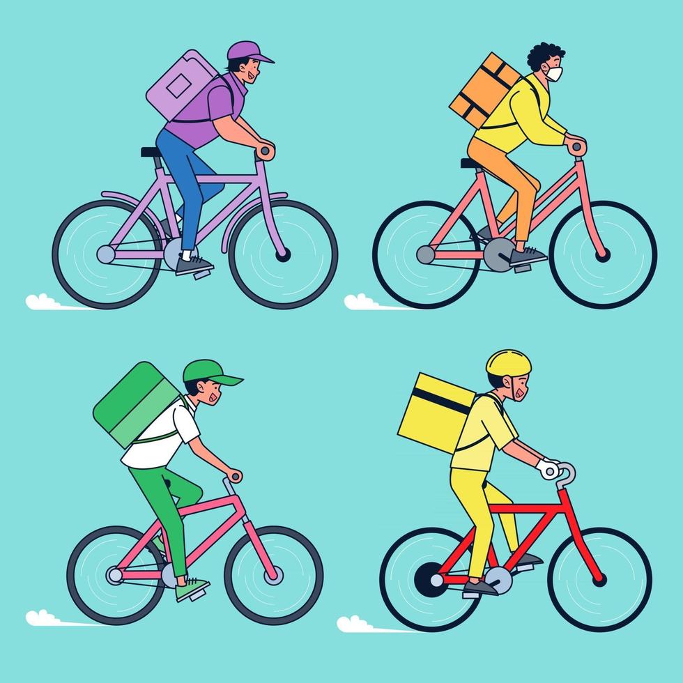 grandes ícones de vetor de veículo de entrega isolados, ilustrações planas de entrega de bicicletas, conceito de transporte comercial logístico.