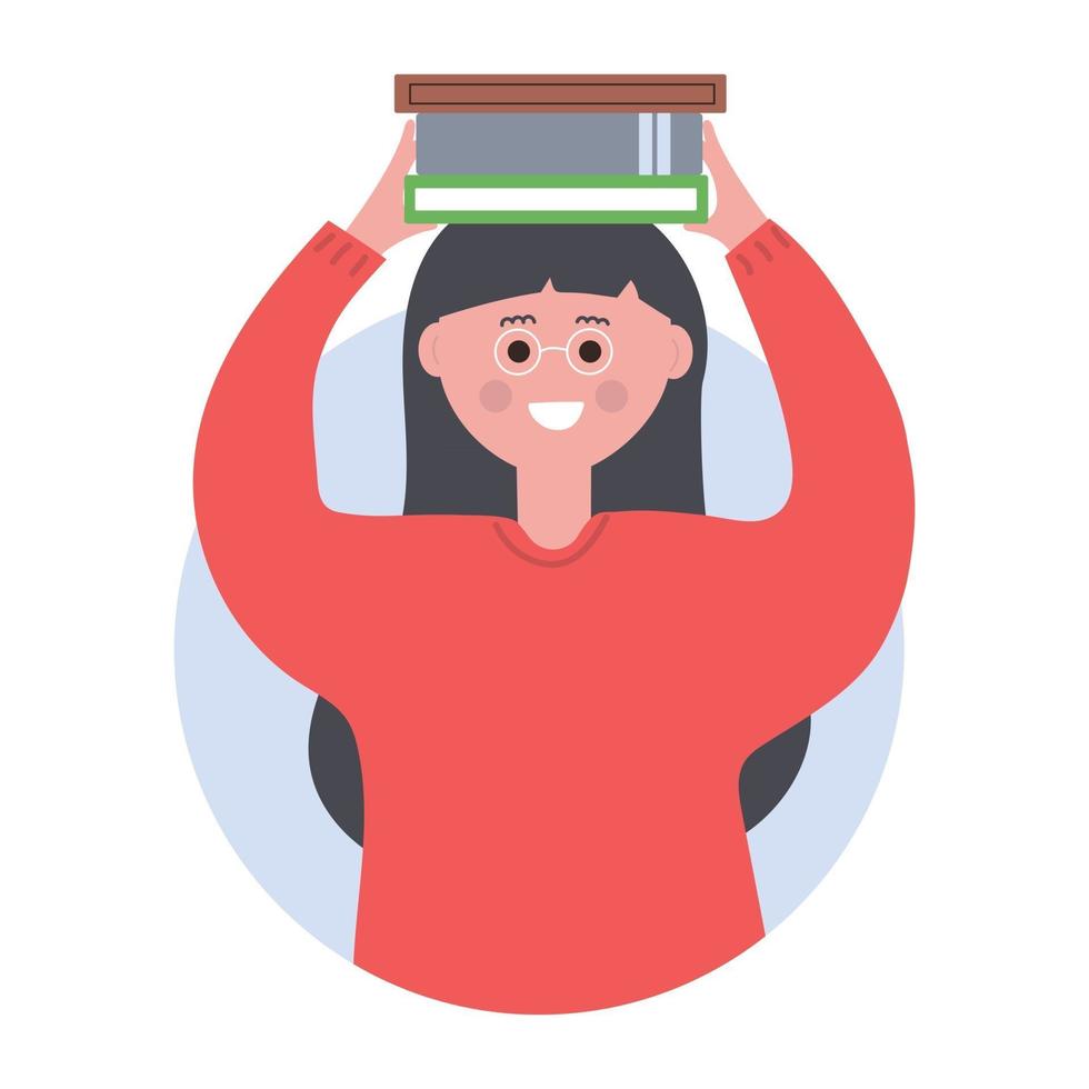 linda garota sorrindo e segurando livros na cabeça. conceito de educação. ilustração plana. vetor
