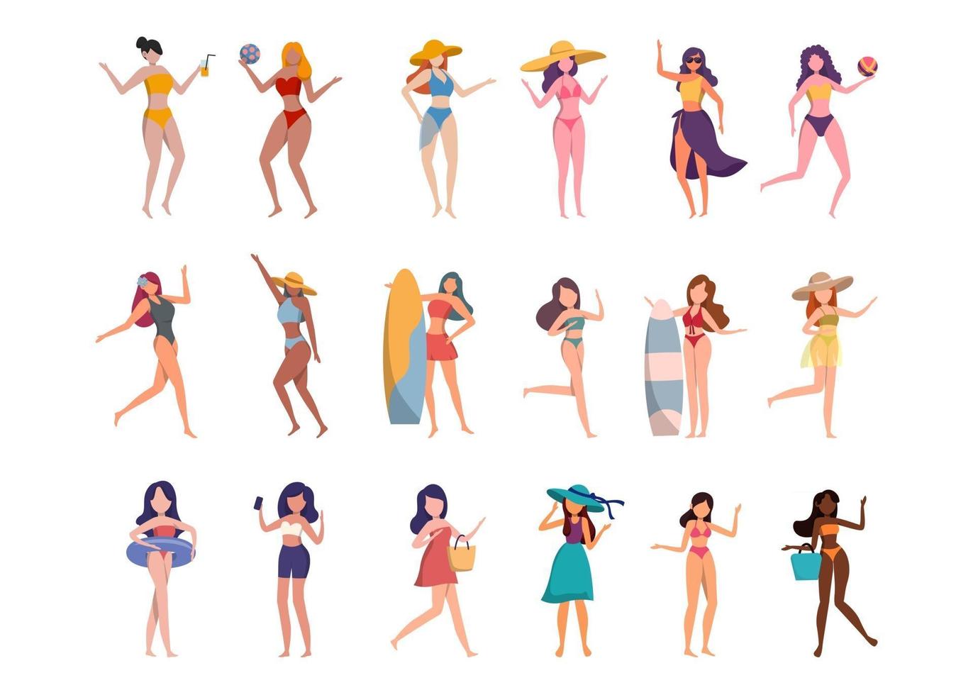 pacote de personagem feminina 3 conjuntos, 18 poses de mulher em traje de banho com equipamento vetor