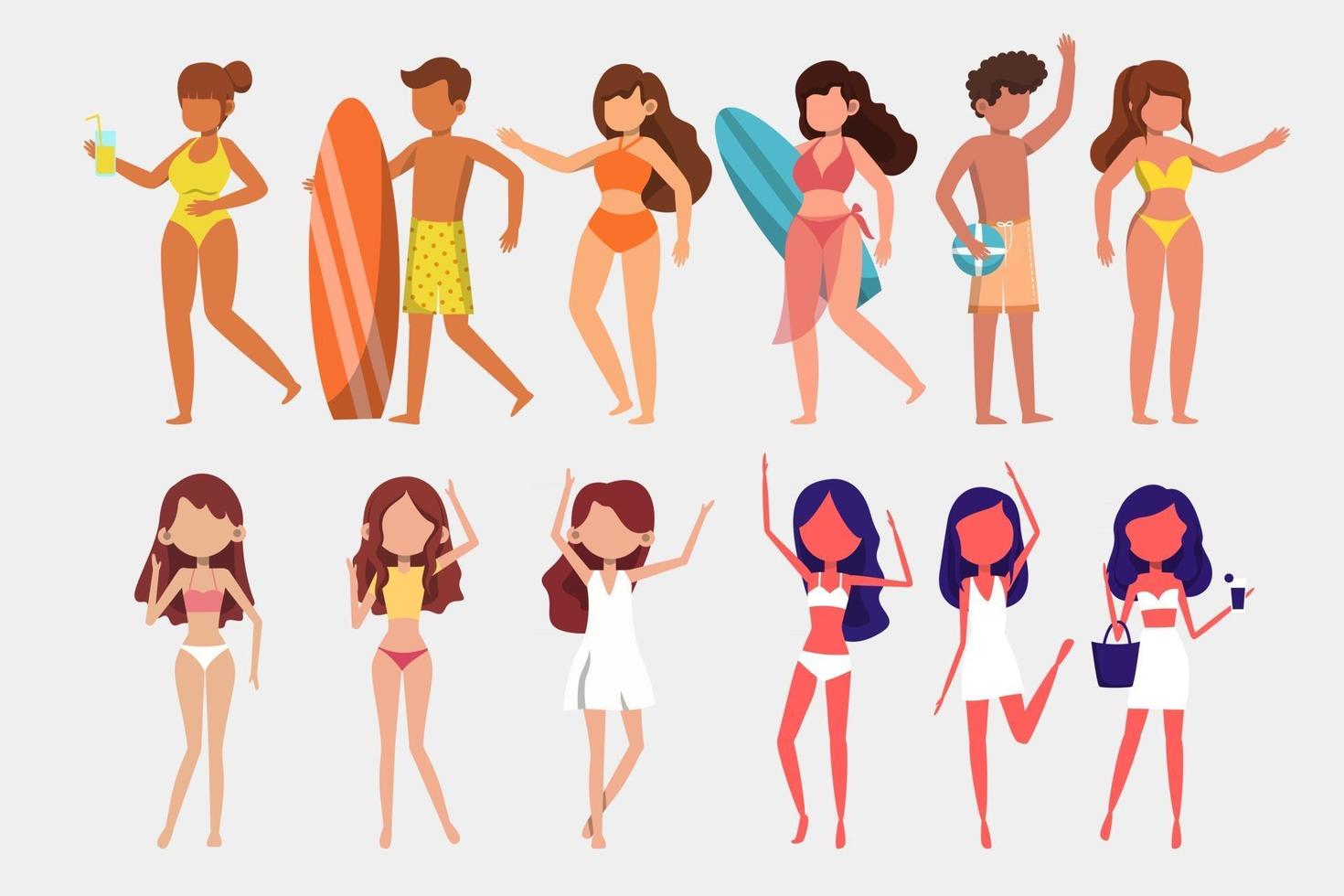 pacote de personagem feminina 4 conjuntos, 12 poses de mulher em traje de banho com equipamento vetor