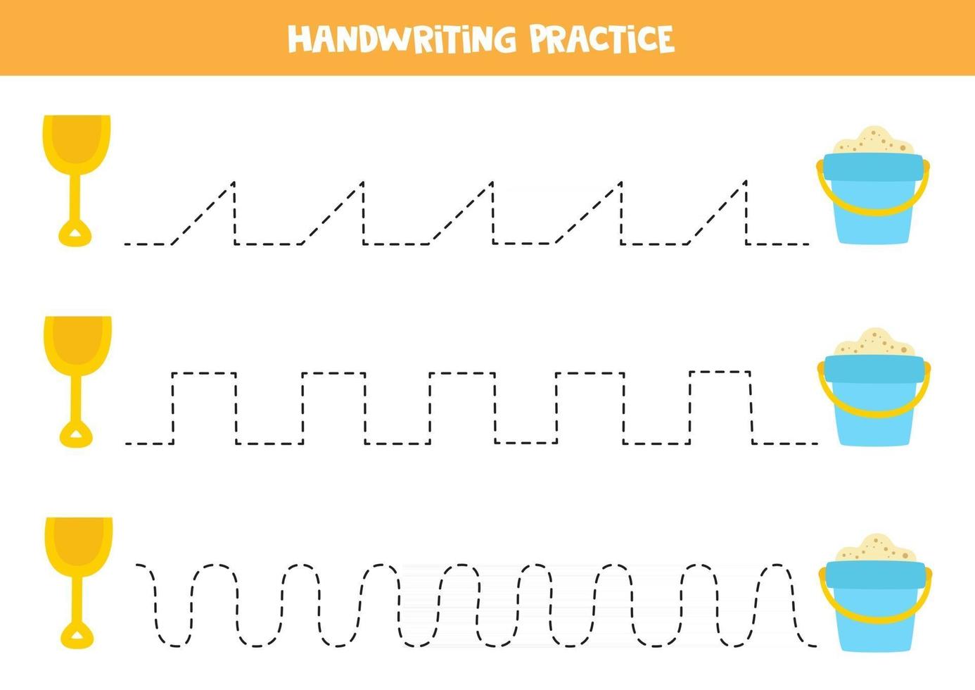 traçando linhas com pá e balde de desenho animado. prática da escrita. vetor