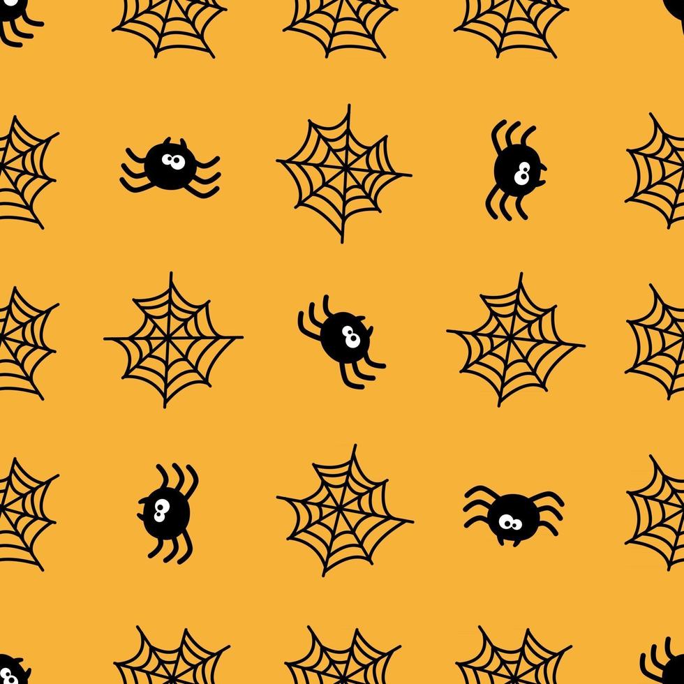 padrão sem emenda de halloween. aranha e teia em fundo amarelo. vetor