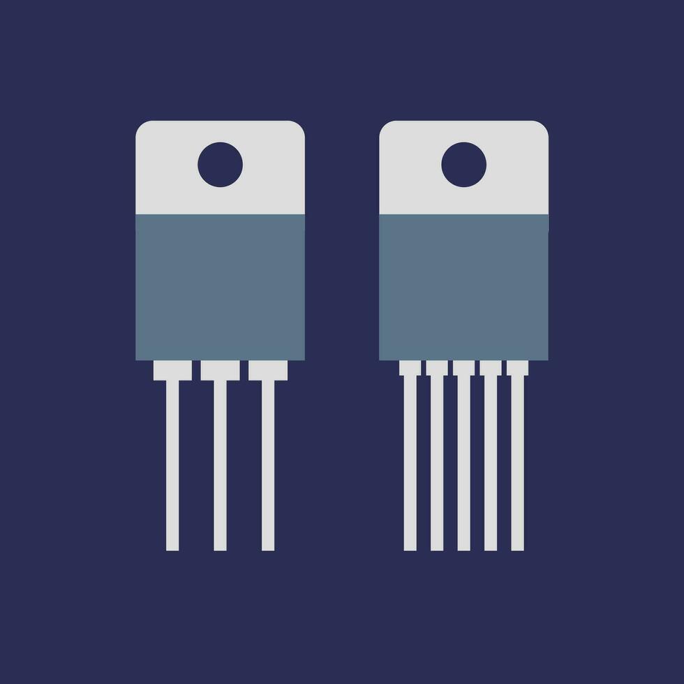 eletrônico transistores ícones, Incluindo variações com 3 alfinetes e 5 alfinetes, conjunto contra uma Sombrio pano de fundo. vetor