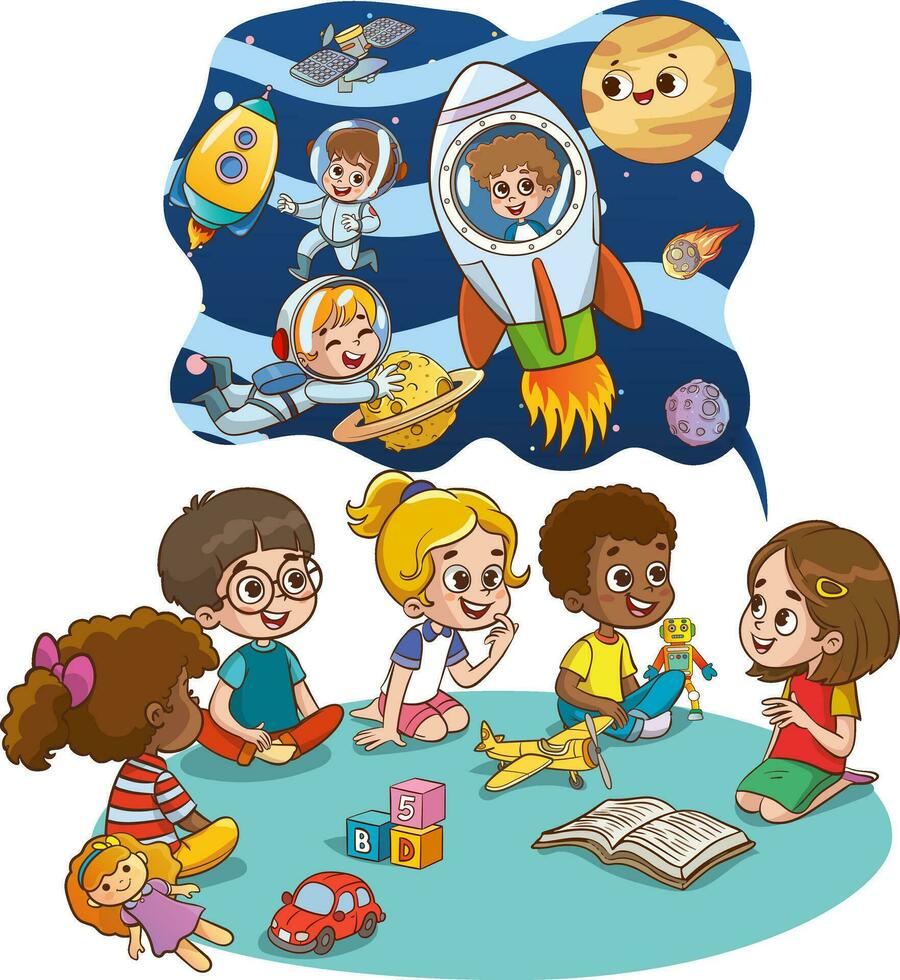 fofa pequeno menina segurando livro e dizendo história para dela amigos sentado por aí em chão. sorridente crianças ouvindo para fada conto. desenho animado vetor ilustração.