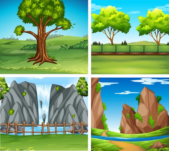 Quatro cenas de fundo com árvores e cascata vetor