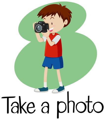Wordcard para tirar uma foto com o garoto tirando foto com a câmera vetor