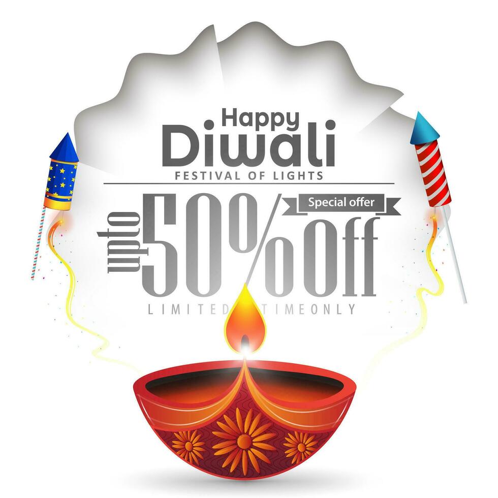 feliz diwali promoção venda bandeira Projeto modelo. diwali diya óleo luminária com fogos de artifício em branco fundo em diwali festival. vetor ilustração