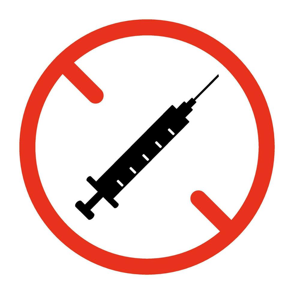 não seringa sinal, proibido droga narcótico. não drogas permitido, Pare ícone. proibição vacina, risco remédio. vetor símbolo