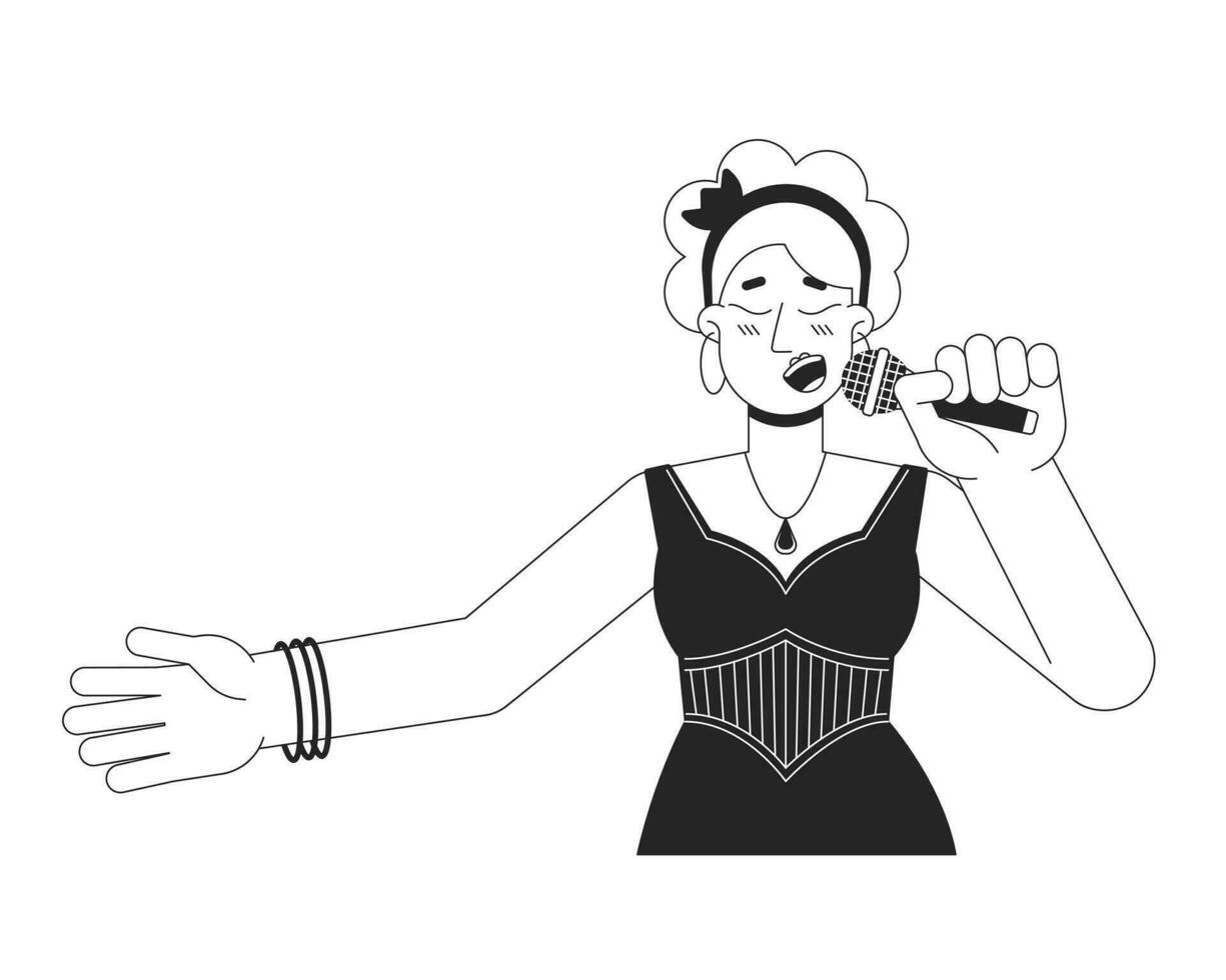 caucasiano fêmea cantor vocalista segurando microfone Preto e branco 2d linha desenho animado personagem. europeu adulto mulher isolado vetor esboço pessoa. show cantando monocromático plano local ilustração