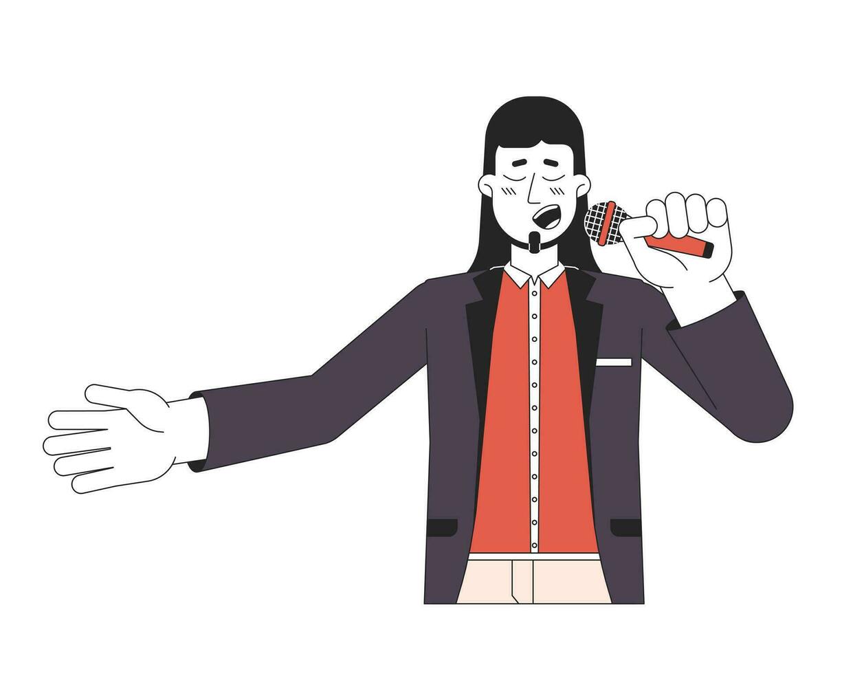 europeu adulto masculino vocalista segurando microfone 2d linear desenho animado personagem. caucasiano homem artista isolado linha vetor pessoa branco fundo. clássico música show cor plano local ilustração