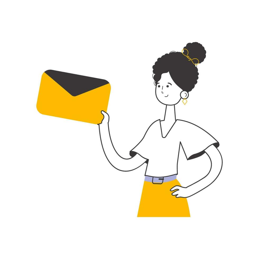 a menina é segurando a envelope ou uma carta dentro dela mãos. linear na moda estilo. isolado em branco fundo. vetor ilustração.