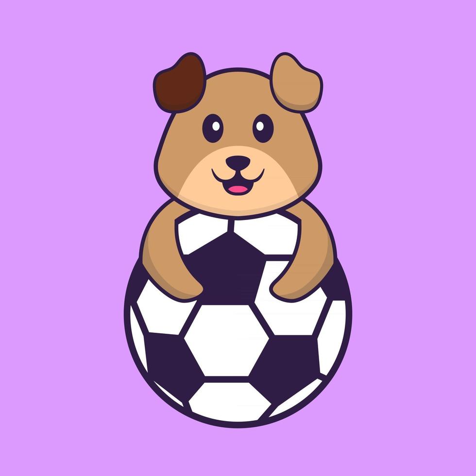 cachorro bonito jogando futebol. conceito de desenho animado animal isolado. pode ser usado para t-shirt, cartão de felicitações, cartão de convite ou mascote. estilo cartoon plana vetor