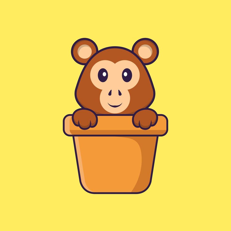 macaco bonito em um vaso de flores. conceito de desenho animado animal isolado. pode ser usado para t-shirt, cartão de felicitações, cartão de convite ou mascote. estilo cartoon plana vetor