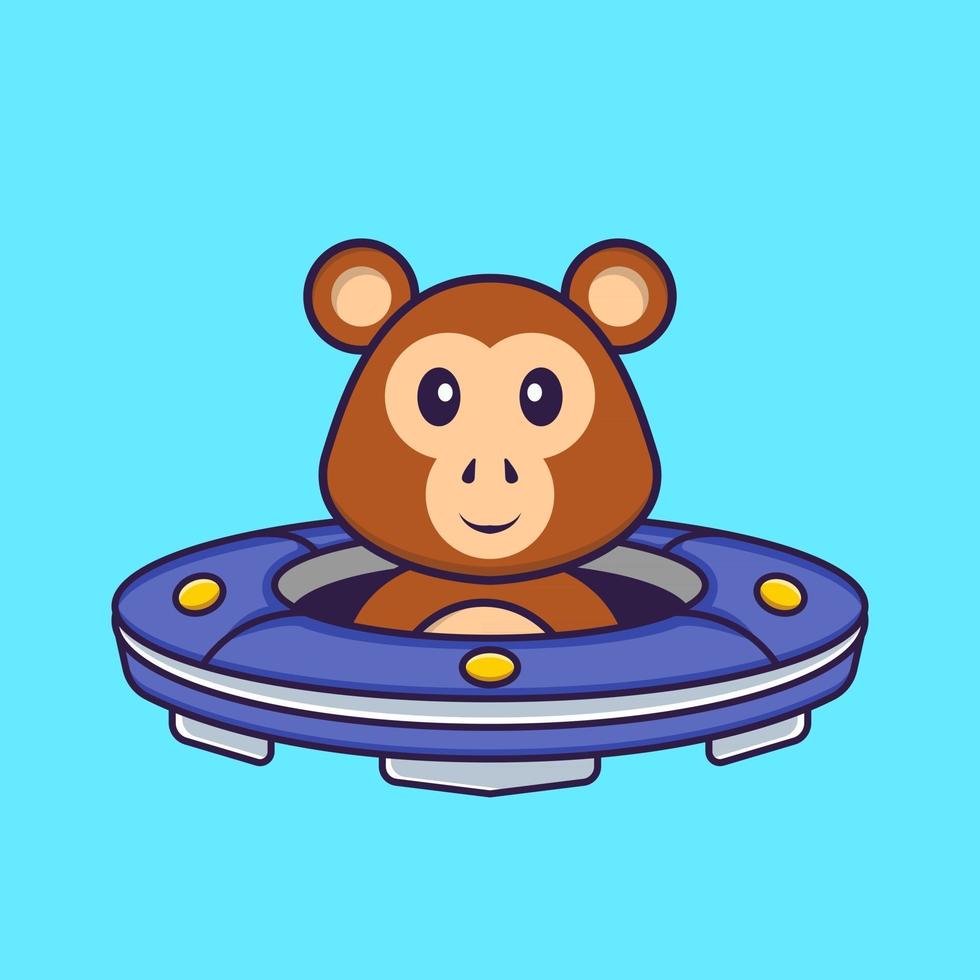 macaco bonito dirigindo a nave espacial ufo. conceito de desenho animado animal isolado. pode ser usado para t-shirt, cartão de felicitações, cartão de convite ou mascote. estilo cartoon plana vetor