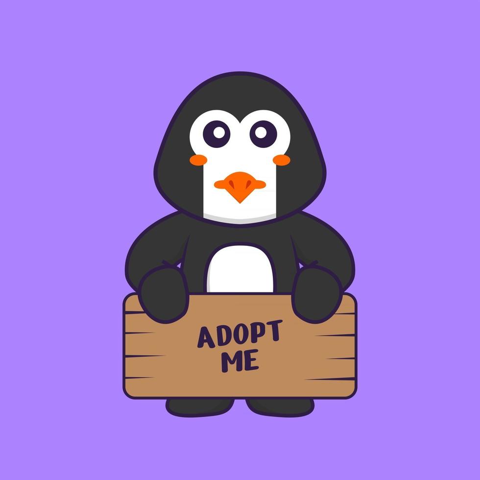 pinguim fofo segurando um pôster me adote. conceito de desenho animado animal isolado. pode ser usado para t-shirt, cartão de felicitações, cartão de convite ou mascote. estilo cartoon plana vetor