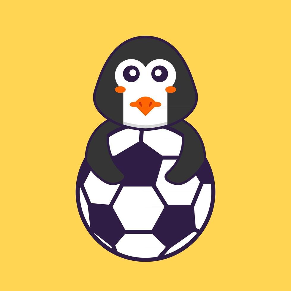 pinguim bonitinho jogando futebol. conceito de desenho animado animal isolado. pode ser usado para t-shirt, cartão de felicitações, cartão de convite ou mascote. estilo cartoon plana vetor