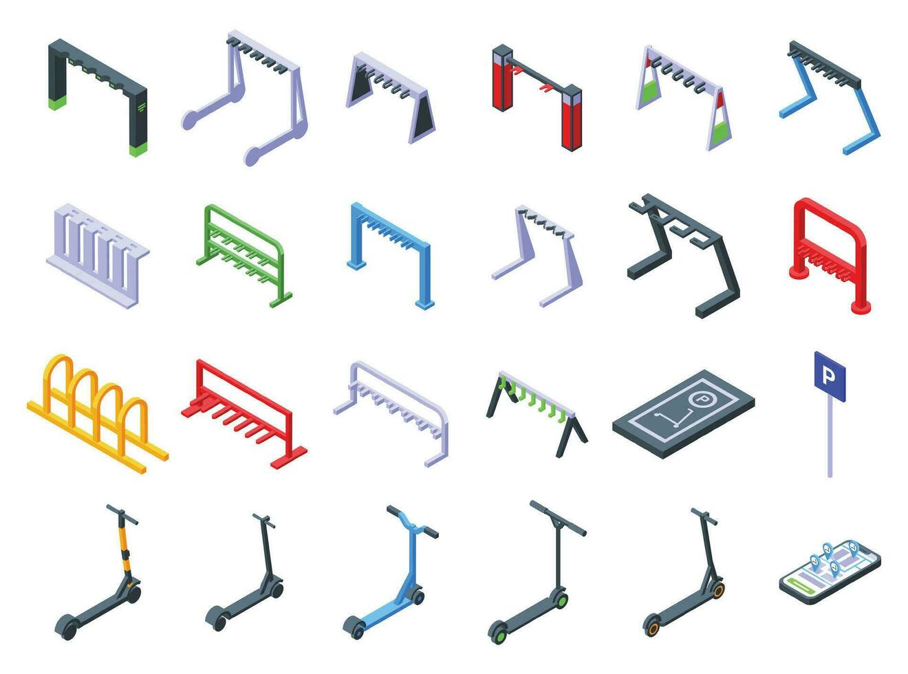 lambreta estacionamento ícones conjunto isométrico vetor. pontapé viagem vetor