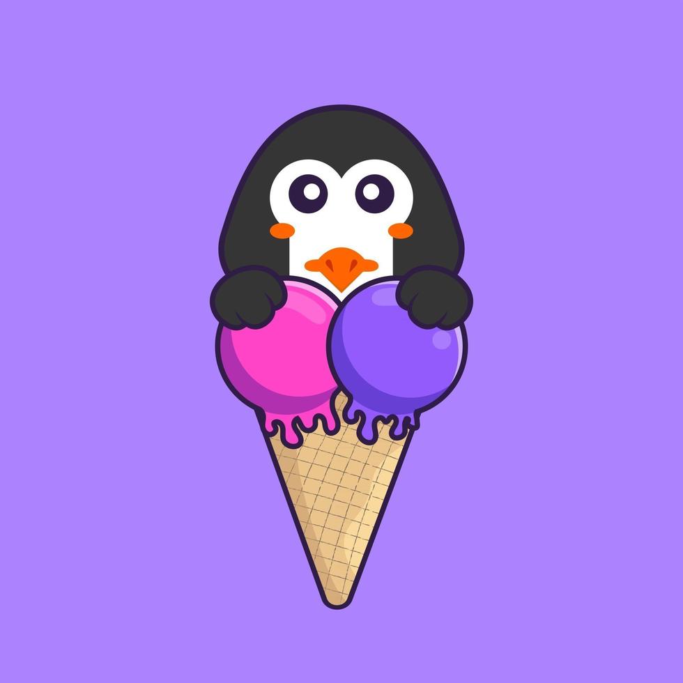 pinguim fofo com sorvete doce. conceito de desenho animado animal isolado. pode ser usado para t-shirt, cartão de felicitações, cartão de convite ou mascote. estilo cartoon plana vetor