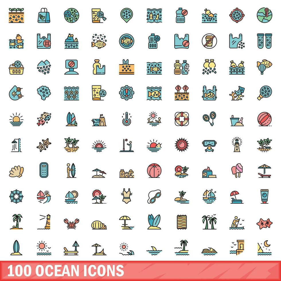 100 oceano ícones definir, cor linha estilo vetor