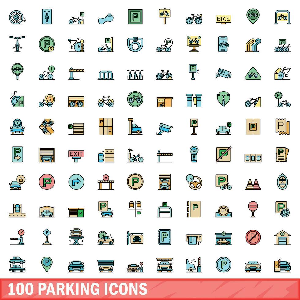 100 estacionamento ícones definir, cor linha estilo vetor
