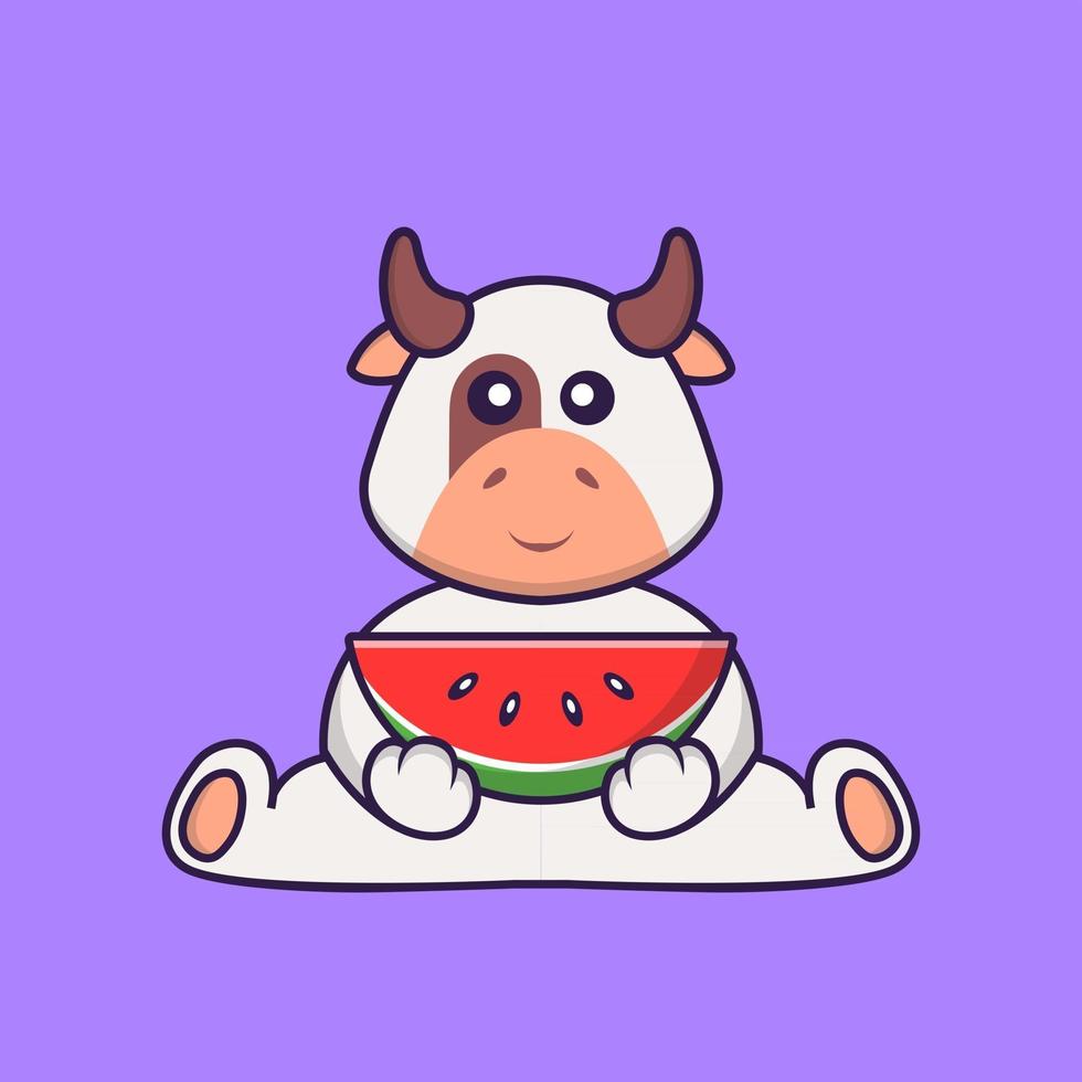 vaca fofa comendo melancia. conceito de desenho animado animal isolado. pode ser usado para t-shirt, cartão de felicitações, cartão de convite ou mascote. estilo cartoon plana vetor