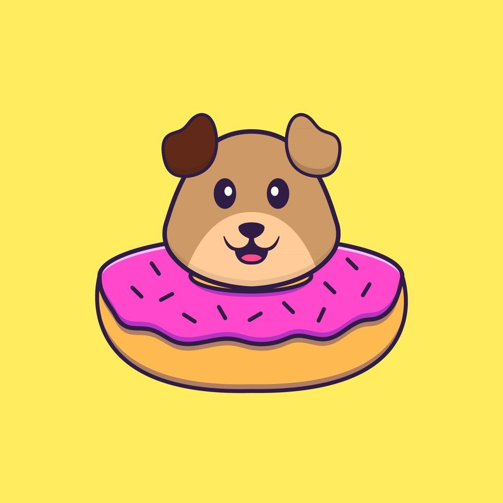 cachorro bonito com uma rosquinha no pescoço. conceito de desenho animado animal isolado. pode ser usado para t-shirt, cartão de felicitações, cartão de convite ou mascote. estilo cartoon plana vetor