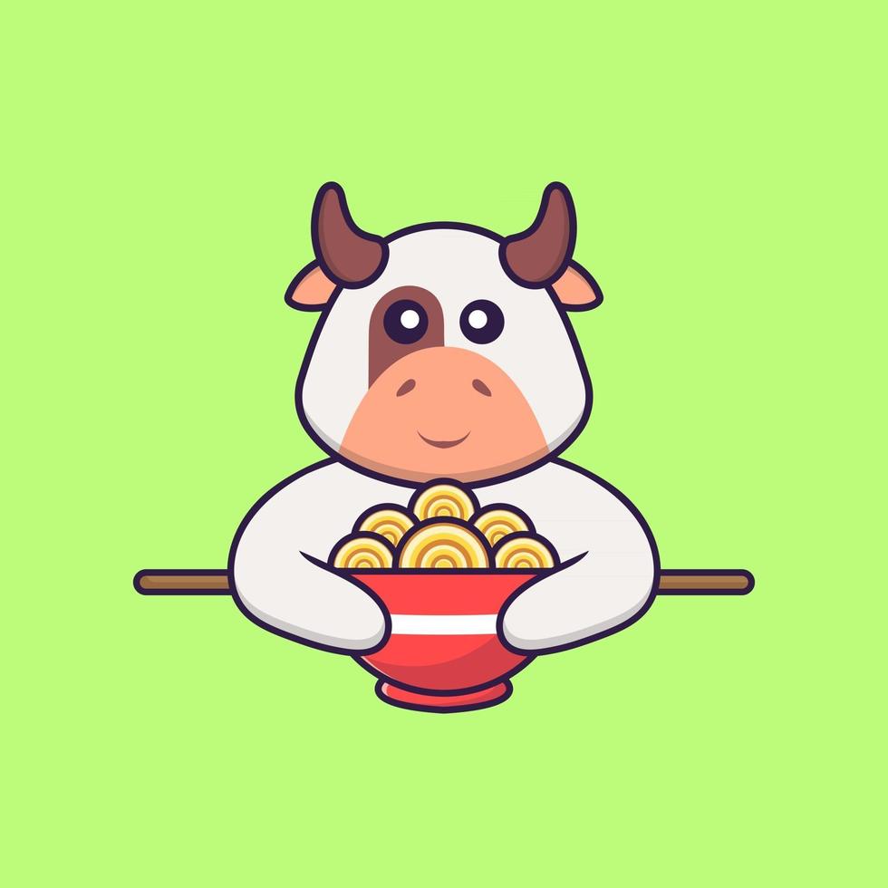 vaca fofa comendo macarrão ramen. conceito de desenho animado animal isolado. pode ser usado para t-shirt, cartão de felicitações, cartão de convite ou mascote. estilo cartoon plana vetor