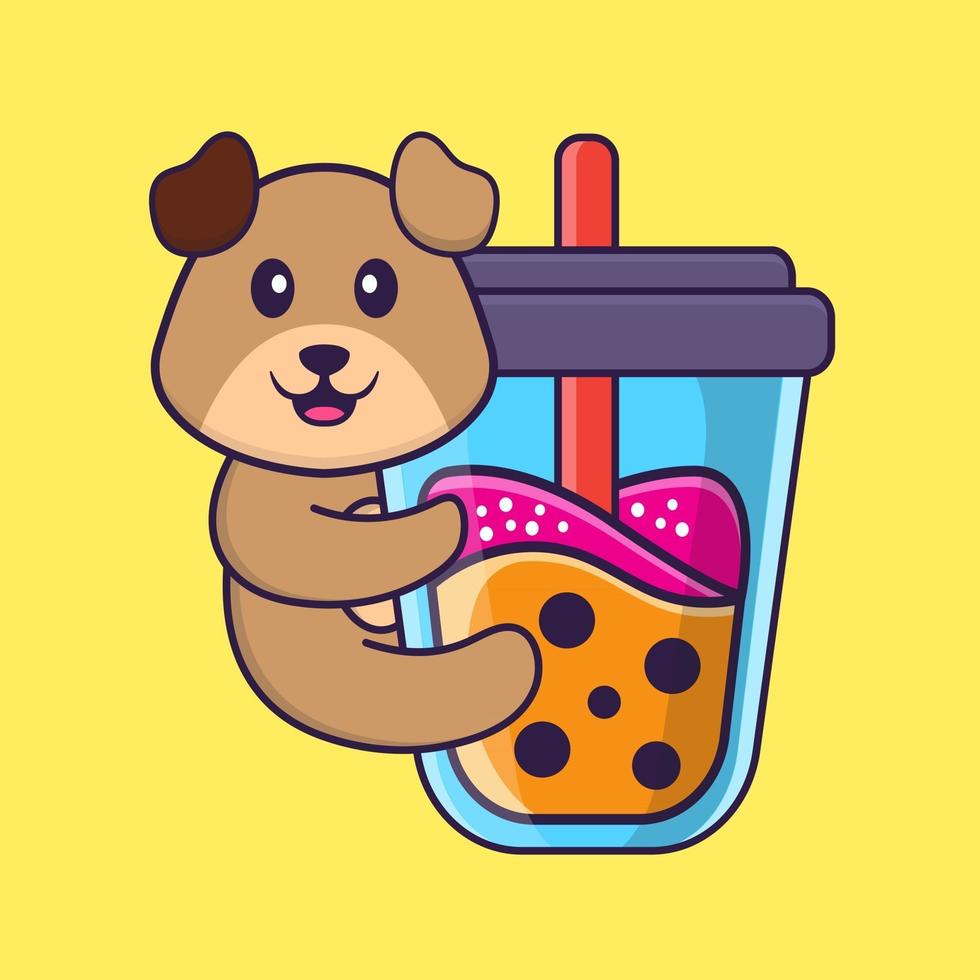 lindo cachorro bebendo chá de leite de boba. conceito de desenho animado animal isolado. pode ser usado para t-shirt, cartão de felicitações, cartão de convite ou mascote. estilo cartoon plana vetor