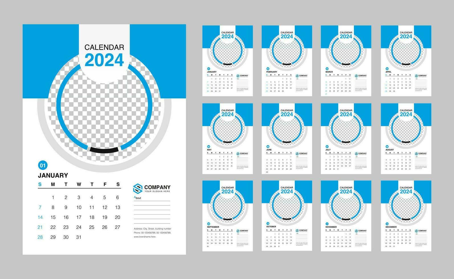 parede calendário 2024 modelo. moderno Projeto 2024 calendário modelo vetor