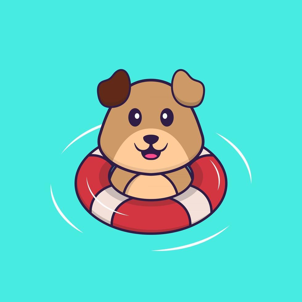 cachorro bonito está nadando com uma bóia. conceito de desenho animado animal isolado. pode ser usado para t-shirt, cartão de felicitações, cartão de convite ou mascote. estilo cartoon plana vetor