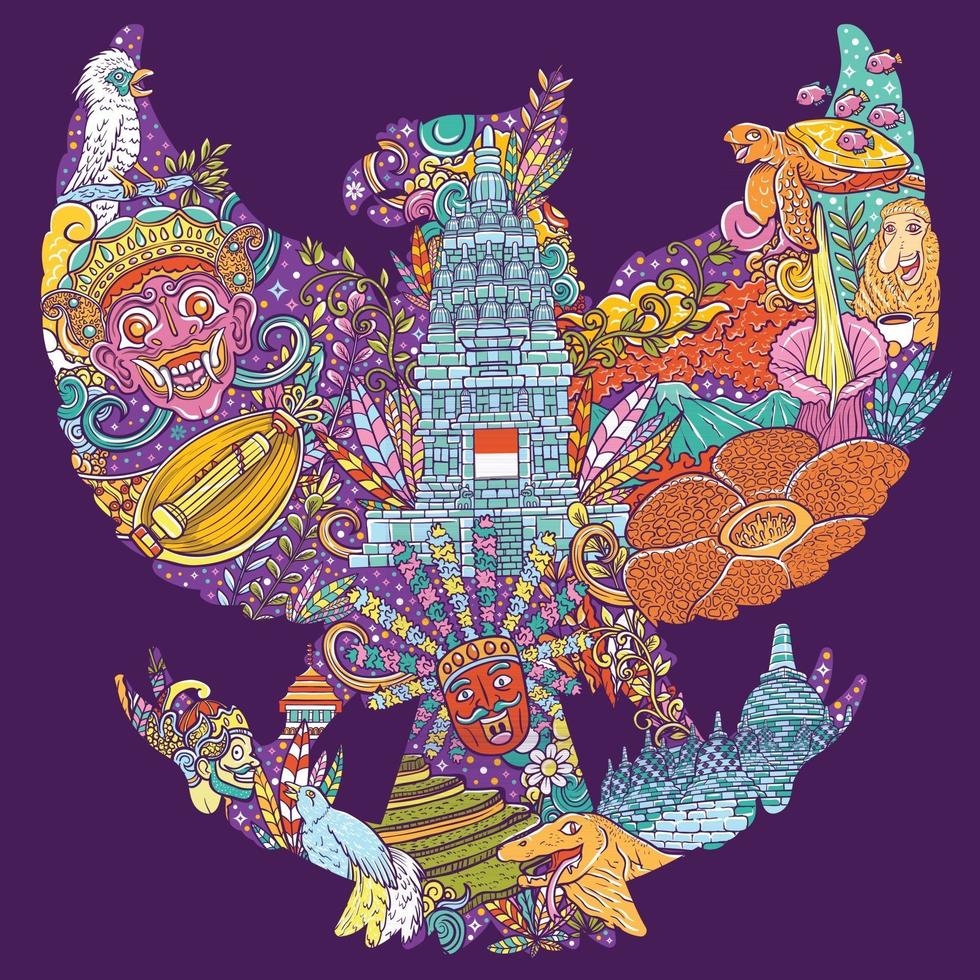 ilustração colorida doodle da Indonésia com forma de garuda pancasila vetor