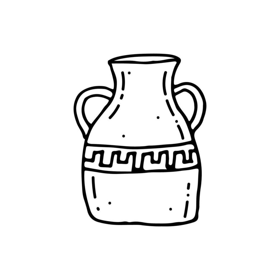 Antiguidade vaso com ornamento. embarcação fez do cozido argila, cerâmica. família pratos. doodle. vetor ilustração. mão retirou. contorno.