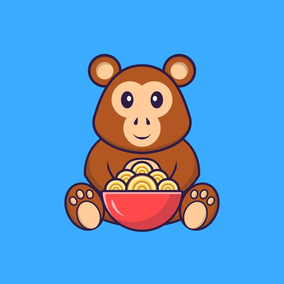 macaco bonito comendo macarrão ramen. conceito de desenho animado animal isolado. pode ser usado para t-shirt, cartão de felicitações, cartão de convite ou mascote. estilo cartoon plana vetor