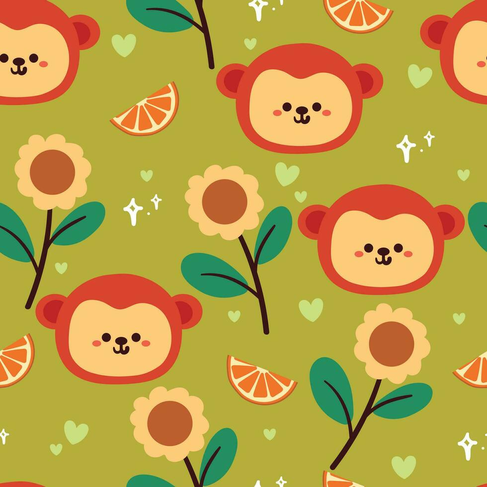 desatado padronizar fofa desenho animado macaco, flor e laranja. fofa papel de parede para têxtil, tecido impressão vetor