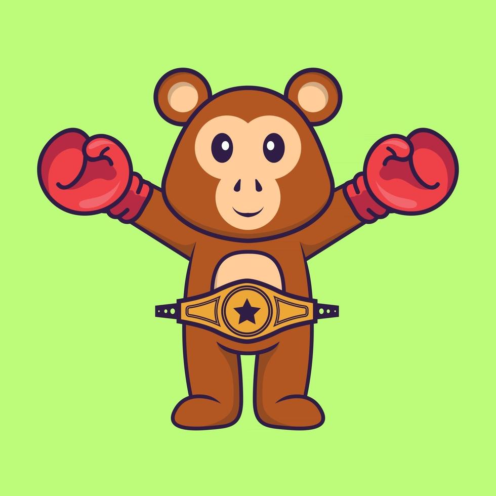 macaco bonito em traje de boxer com cinto de campeão. conceito de desenho animado animal isolado. pode ser usado para t-shirt, cartão de felicitações, cartão de convite ou mascote. estilo cartoon plana vetor