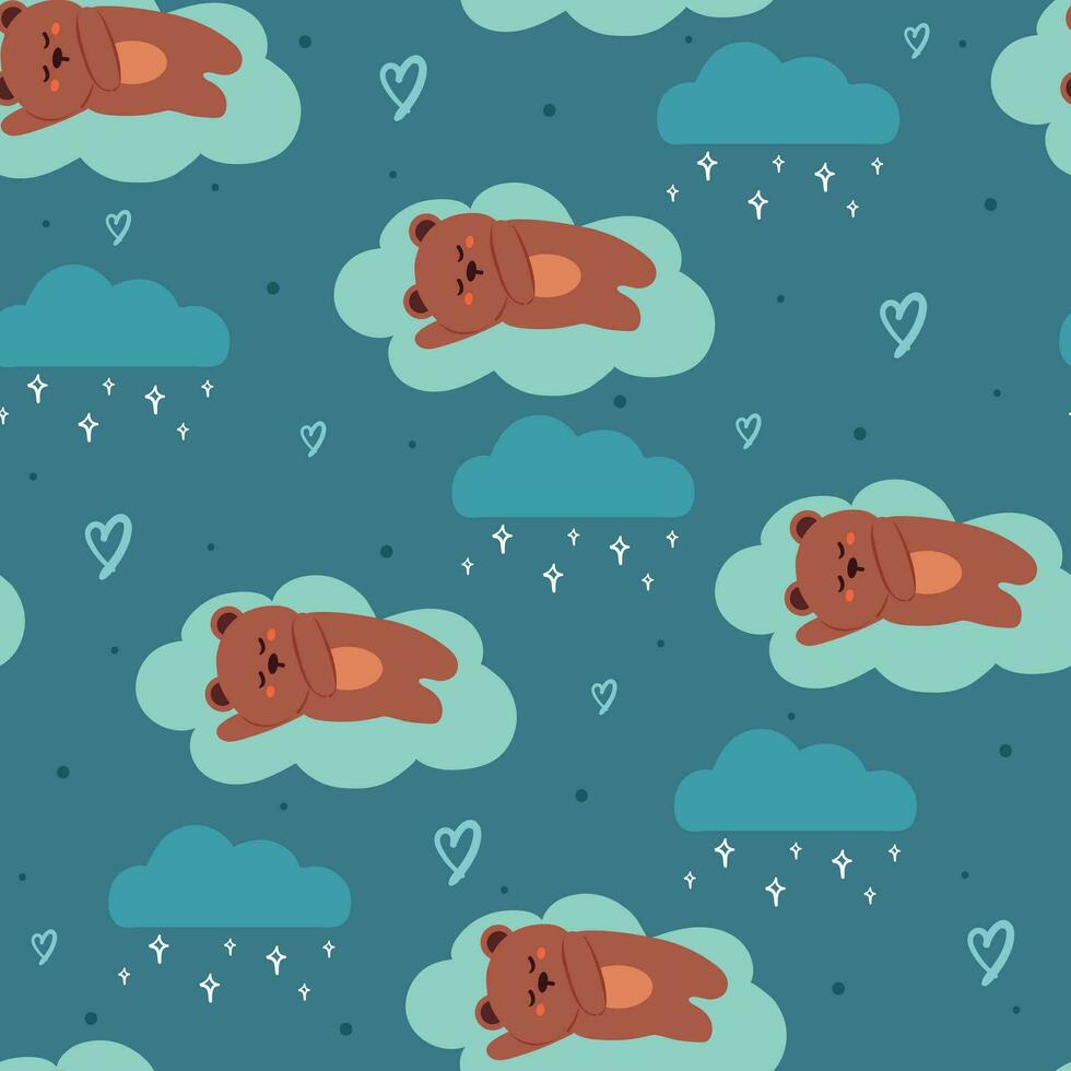 desatado padronizar desenho animado Urso dormindo dentro a nuvens. fofa animal desenhando com azul fundo vetor