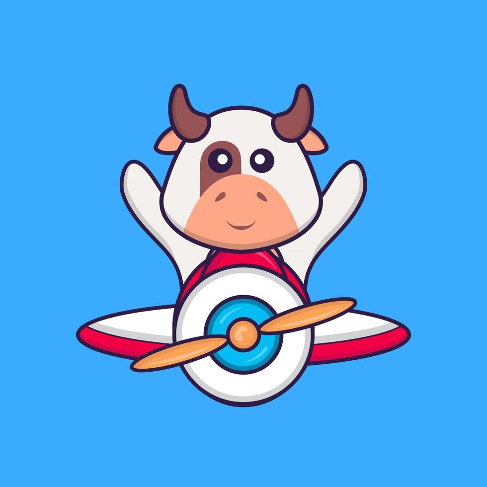 vaca bonita voando em um avião. conceito de desenho animado animal isolado. pode ser usado para t-shirt, cartão de felicitações, cartão de convite ou mascote. estilo cartoon plana vetor