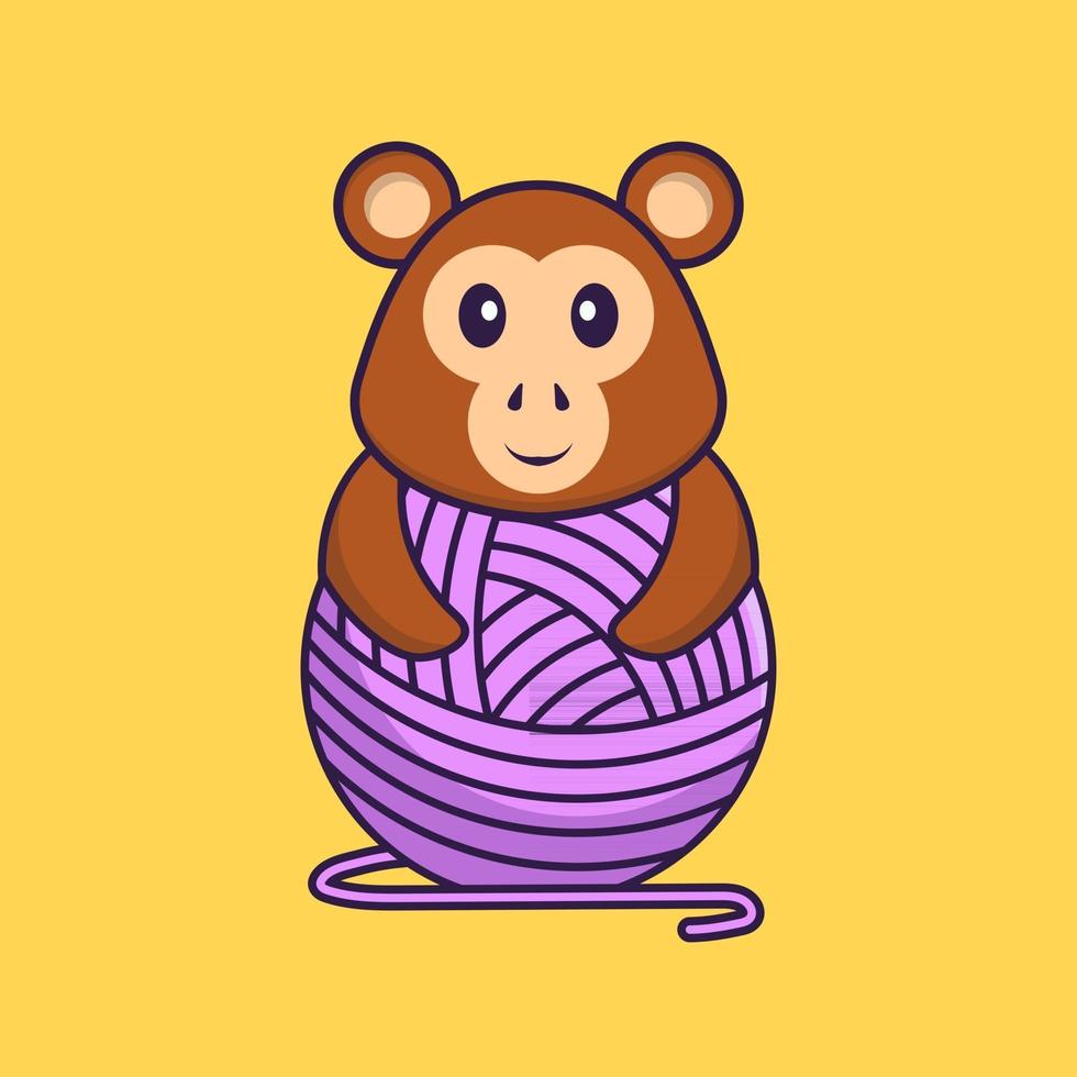 macaco bonito brincando com fios de lã. conceito de desenho animado animal isolado. pode ser usado para t-shirt, cartão de felicitações, cartão de convite ou mascote. estilo cartoon plana vetor