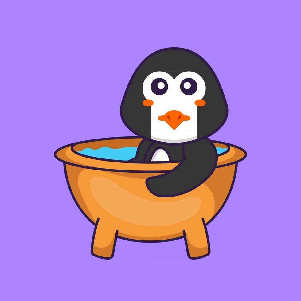 pinguim bonito tomando banho na banheira. conceito de desenho animado animal isolado. pode ser usado para t-shirt, cartão de felicitações, cartão de convite ou mascote. estilo cartoon plana vetor