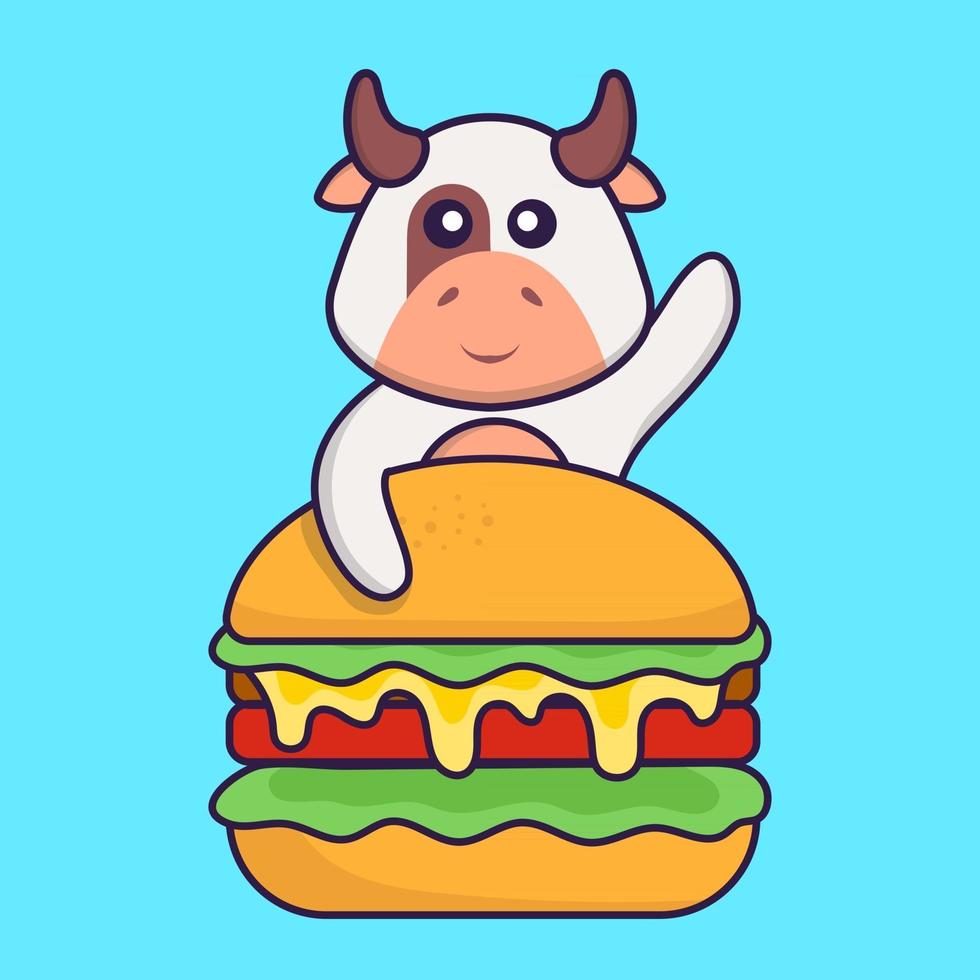 vaca fofa comendo hambúrguer. conceito de desenho animado animal isolado. pode ser usado para t-shirt, cartão de felicitações, cartão de convite ou mascote. estilo cartoon plana vetor