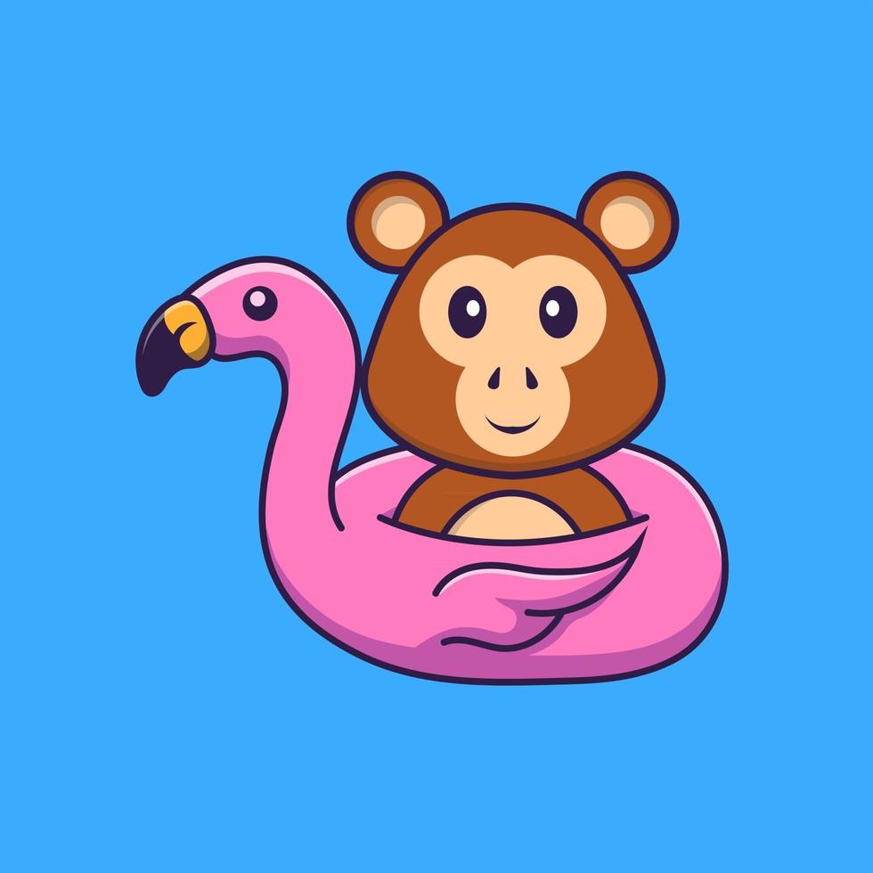 macaco bonito com bóia flamingo. conceito de desenho animado animal isolado. pode ser usado para t-shirt, cartão de felicitações, cartão de convite ou mascote. estilo cartoon plana vetor