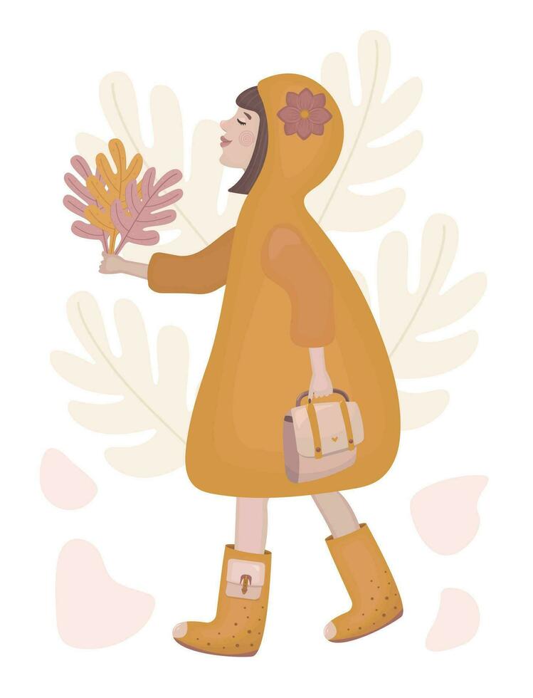 mulher morena com prumo Penteado é em a outono andar, menina dentro uma capa de chuva com uma capuz, senhora com uma ramalhete do outono folhas, outono cor vetor ilustração dentro boho estilo