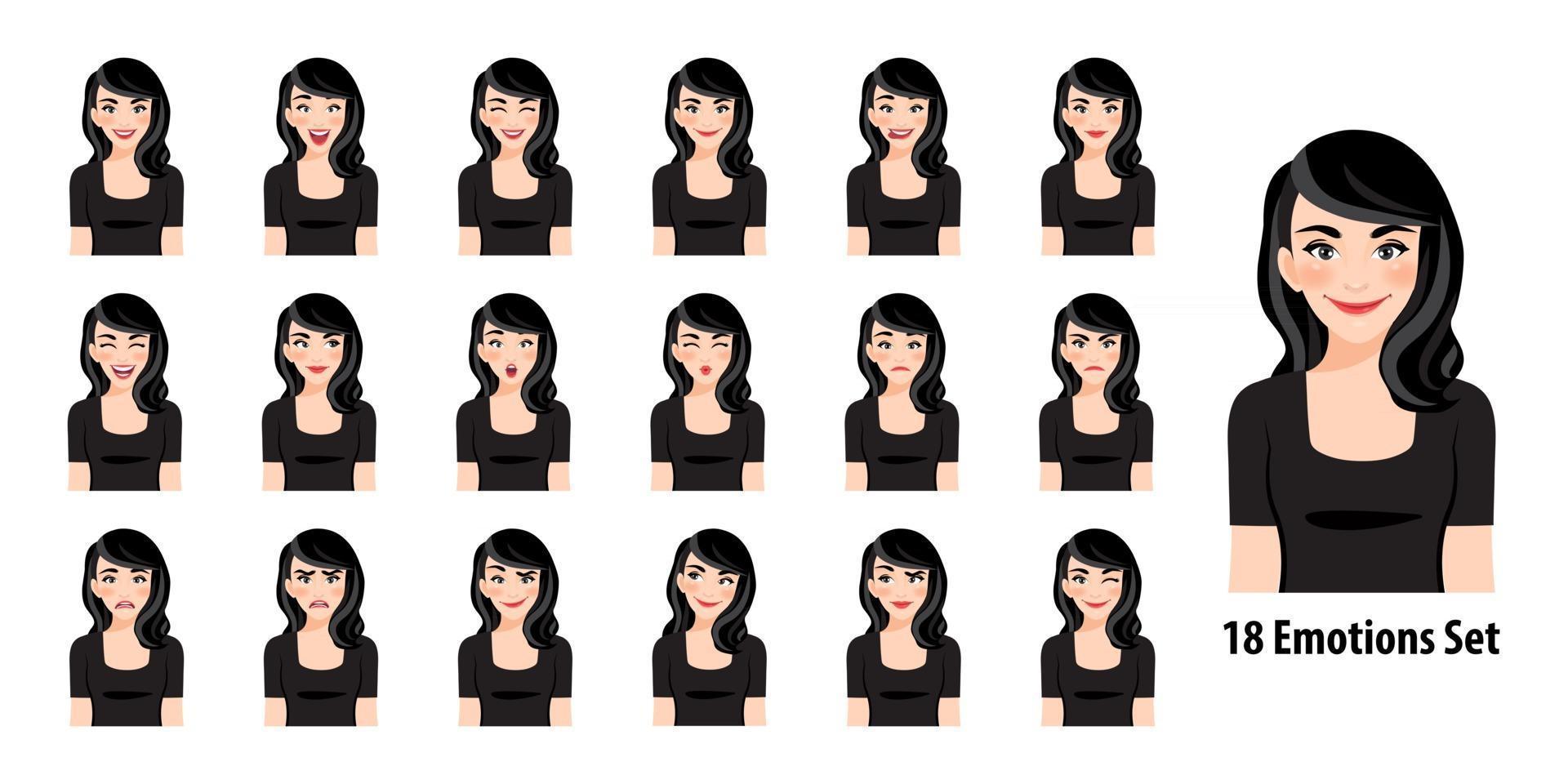 linda senhora de vestido preto com diferentes expressões faciais definidas isoladas em ilustração vetorial de estilo de personagem de desenho animado vetor