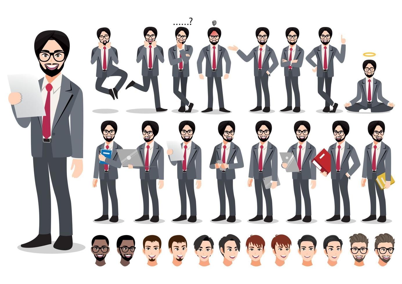 Conjunto de personagens de desenhos animados do empresário indiano. homem de negócios bonito terno inteligente de estilo de escritório. ilustração vetorial vetor