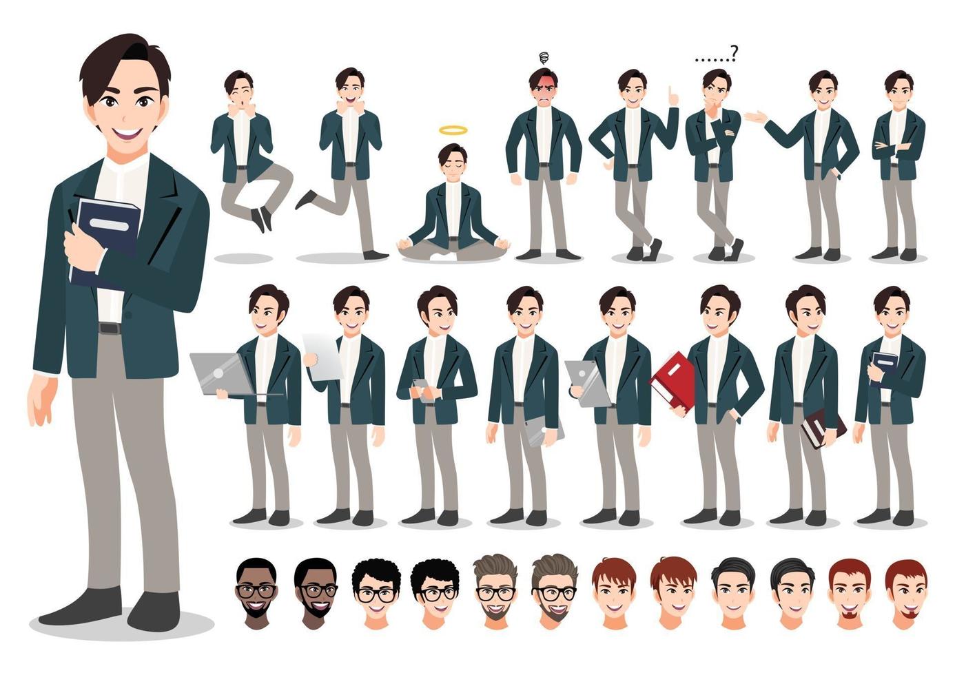 conjunto de personagens de desenhos animados do empresário. homem de negócios bonito terno inteligente de estilo de escritório. ilustração vetorial vetor