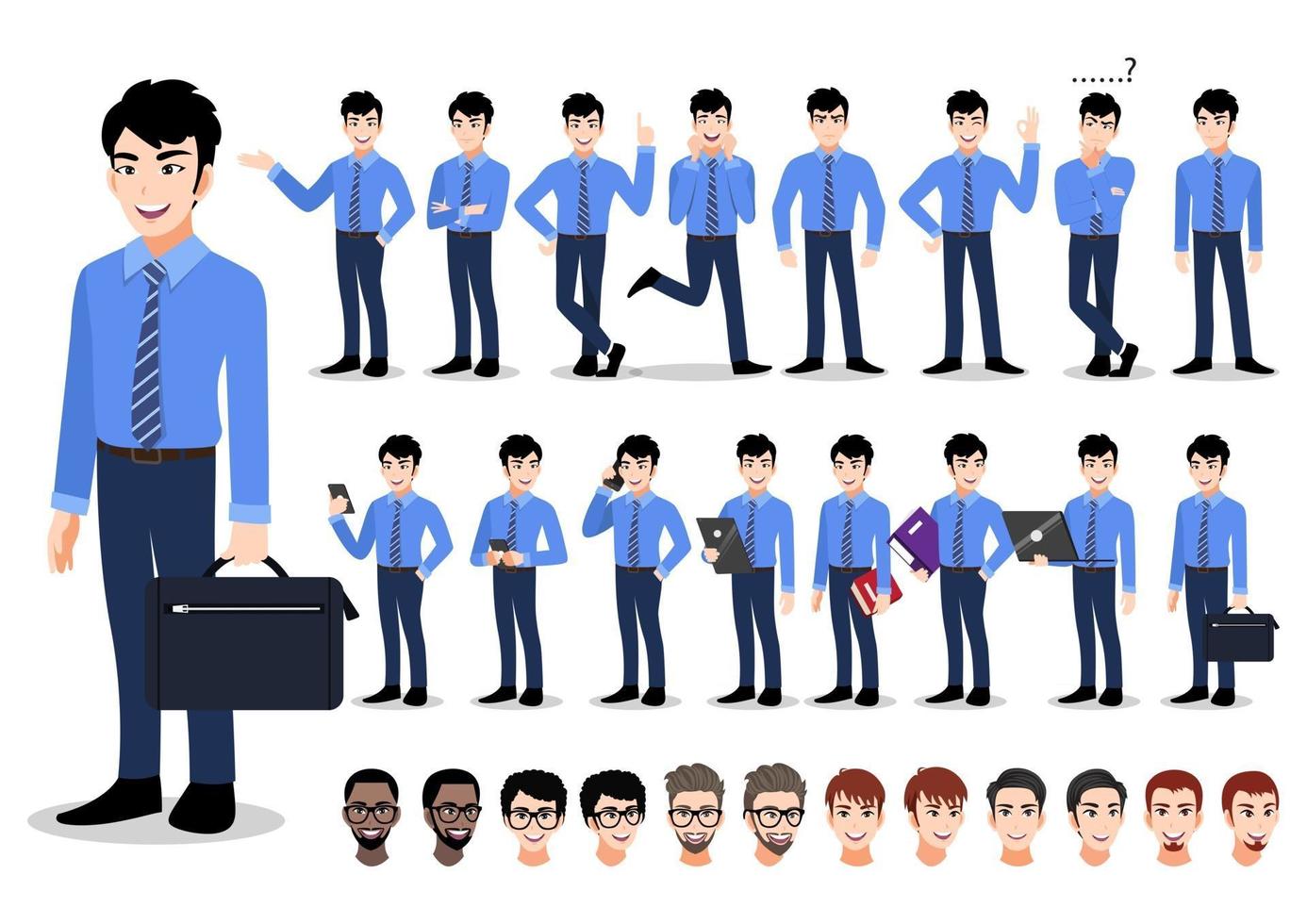 Conjunto de personagens de desenhos animados do empresário asiático. homem de negócios bonito na camisa inteligente de estilo de escritório. ilustração vetorial vetor