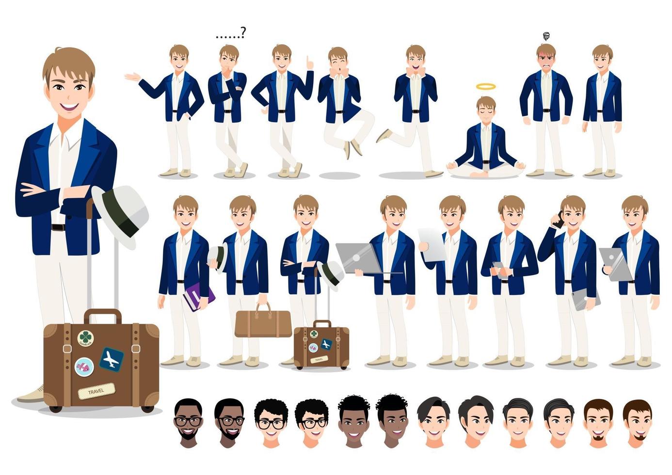 conjunto de personagens de desenhos animados do empresário. bonito homem de negócios de terno inteligente e bolsa de viagem clássica. ilustração vetorial vetor