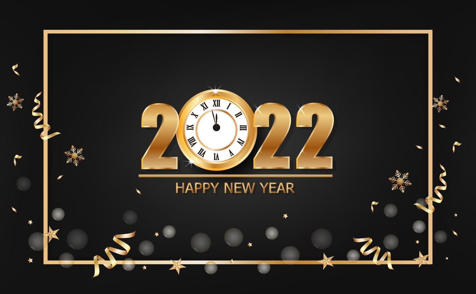 banner de feliz ano novo de 2022 com relógio de ouro em fundo preto vetor